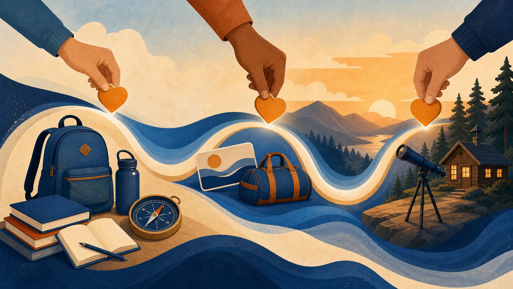 Illustration linking books, a backpack, travel essentials, and an outdoor learning destination through a flowing wave-shaped path