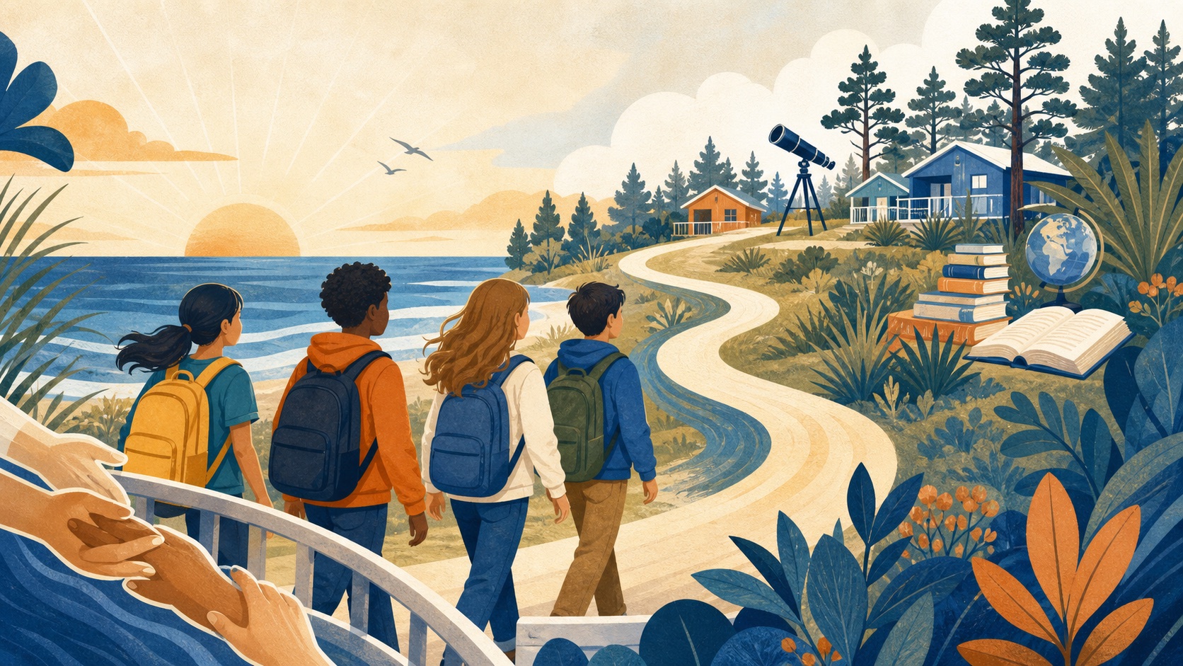 Illustration of students following a coastal path toward books, a telescope, cabins, and outdoor learning opportunities